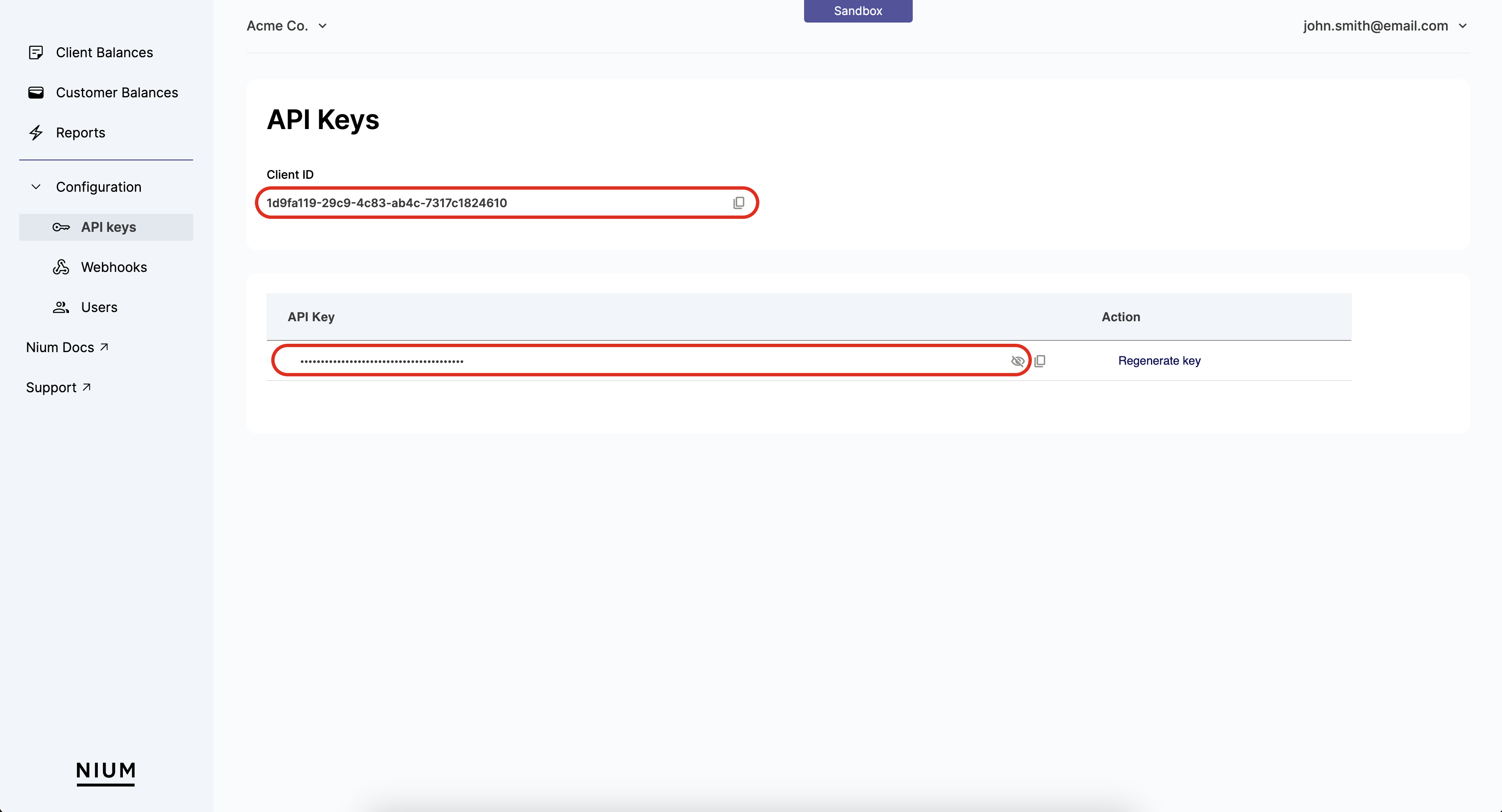 Nium Portal - API Credentials